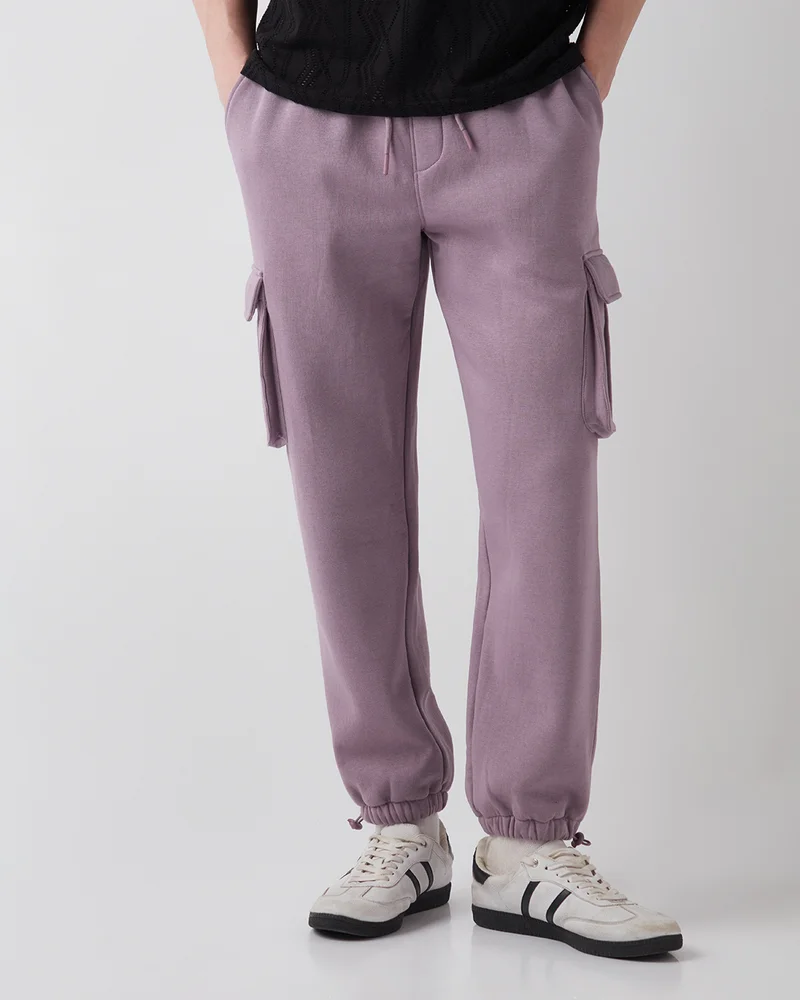 bewakoof Men's Purple Oversized Brushed Cargo Joggers